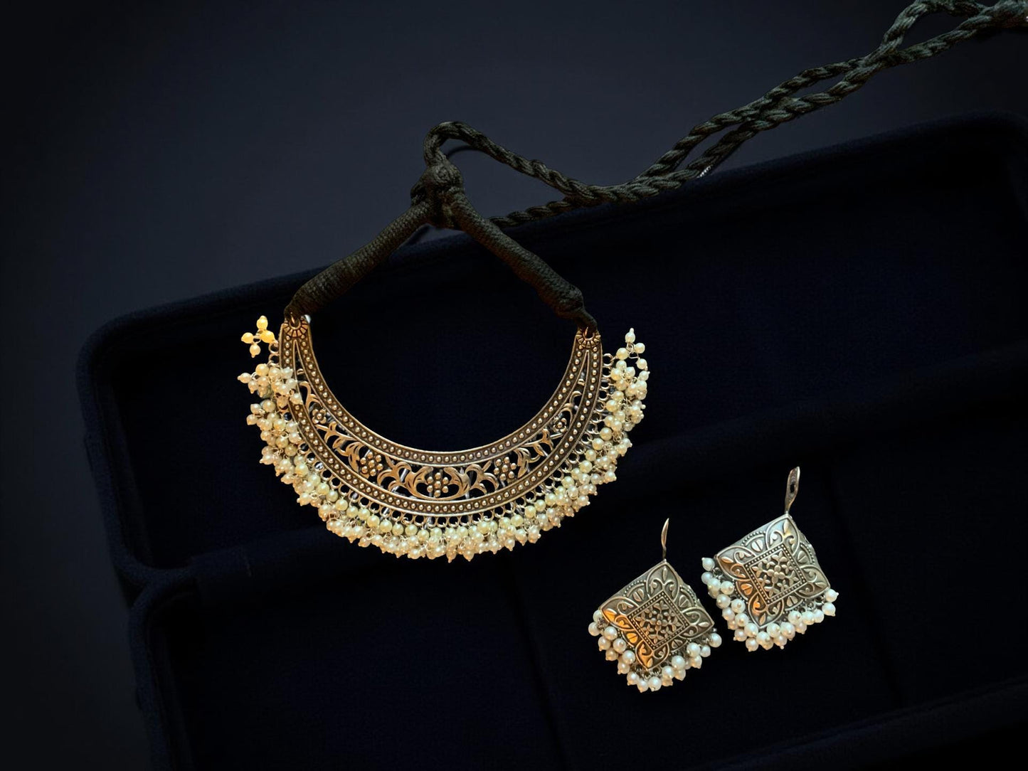 Handmade Pearl Choker Necklace Set – Vintage Silver Ethnic Jewelry