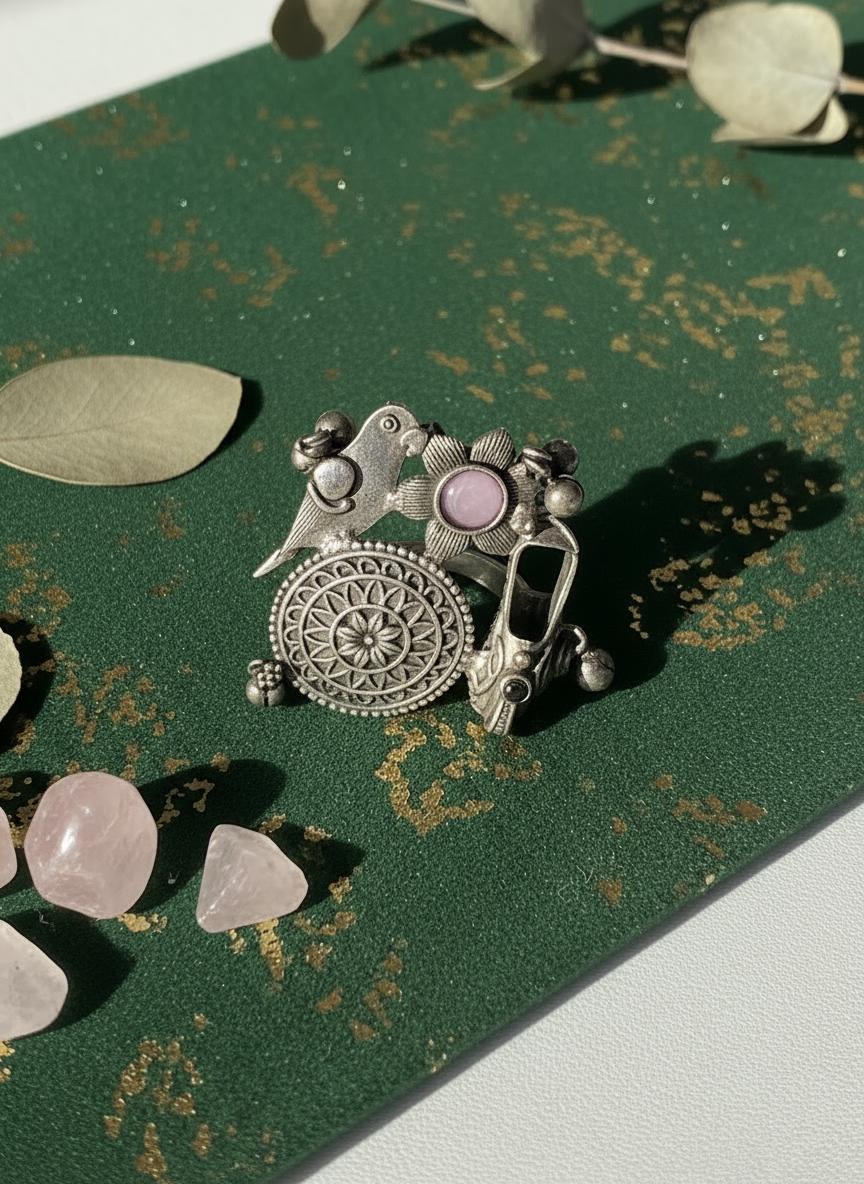 Oxidized German Silver Adjustable Ring: Handmade Boho Tribal Jewelry