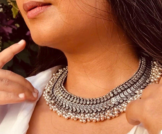 Oxidized Silver Statement Necklace – Handmade Boho Ethnic Jewelry