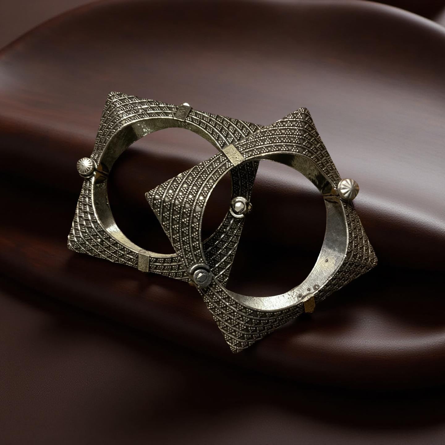 Oxidized Silver Look Square Bangle | Adjustable Tribal Bracelet