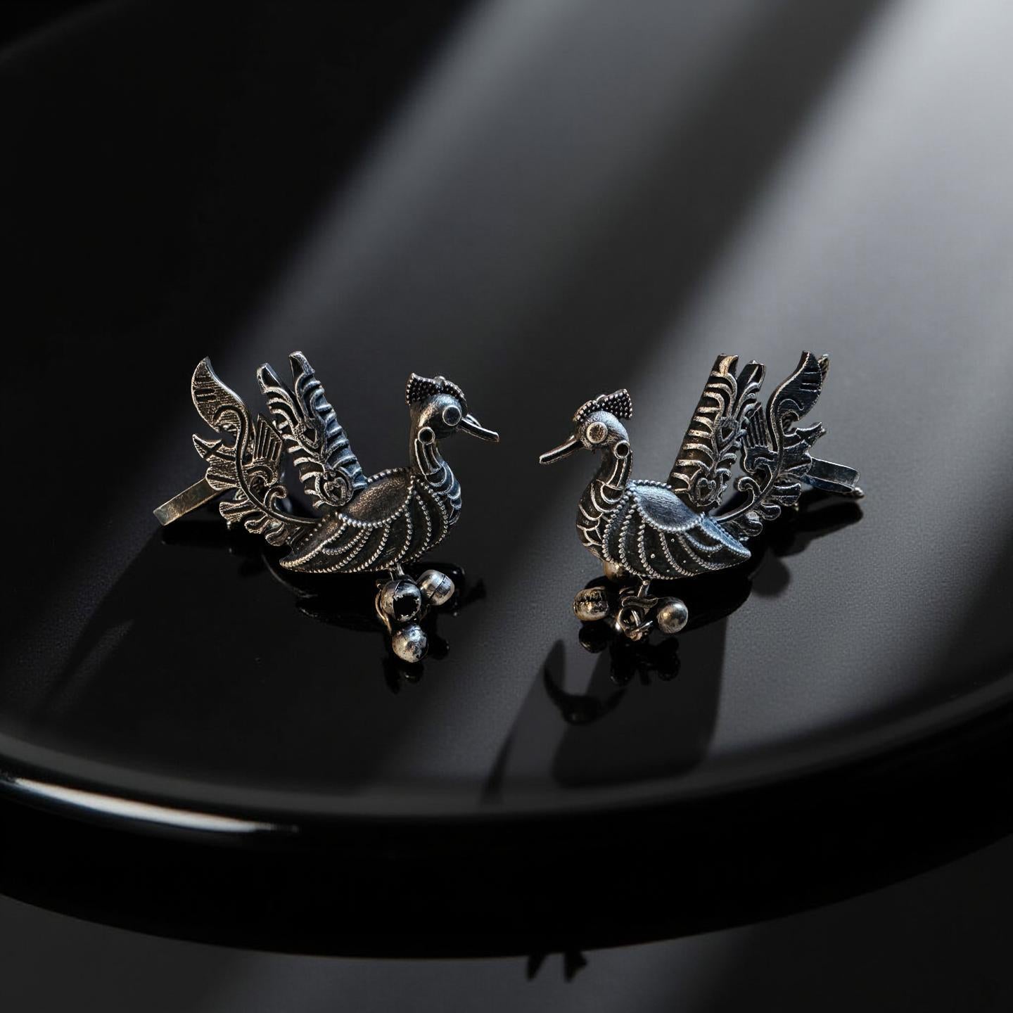 Ornate Silver Peacock Ear Cuff Earrings: Ethnic Jewelry
