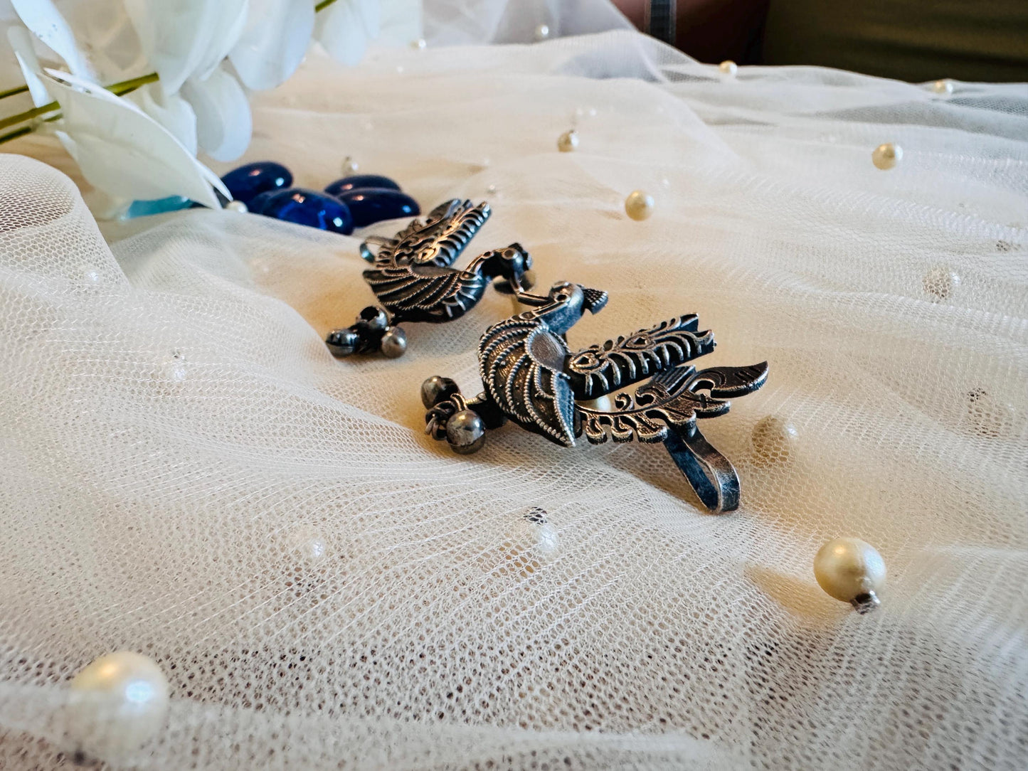 Ornate Silver Peacock Ear Cuff Earrings: Ethnic Jewelry