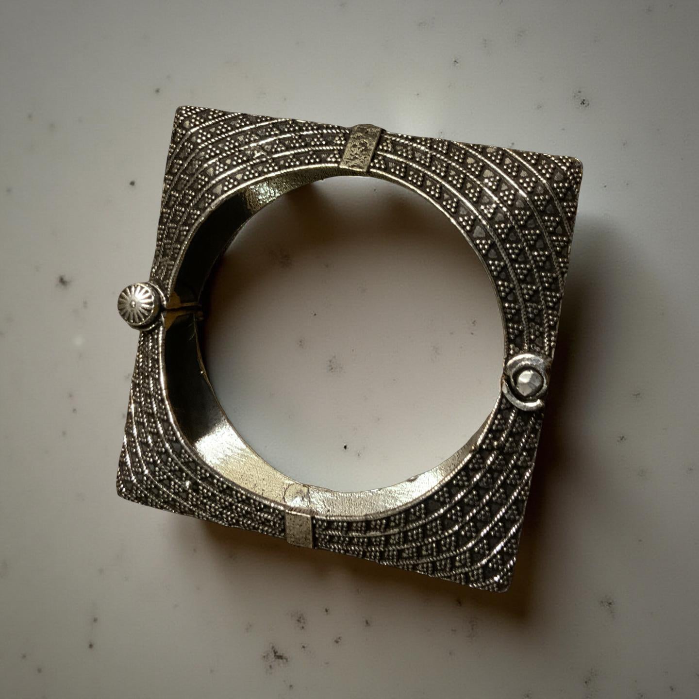 Oxidized Silver Look Square Bangle | Adjustable Tribal Bracelet