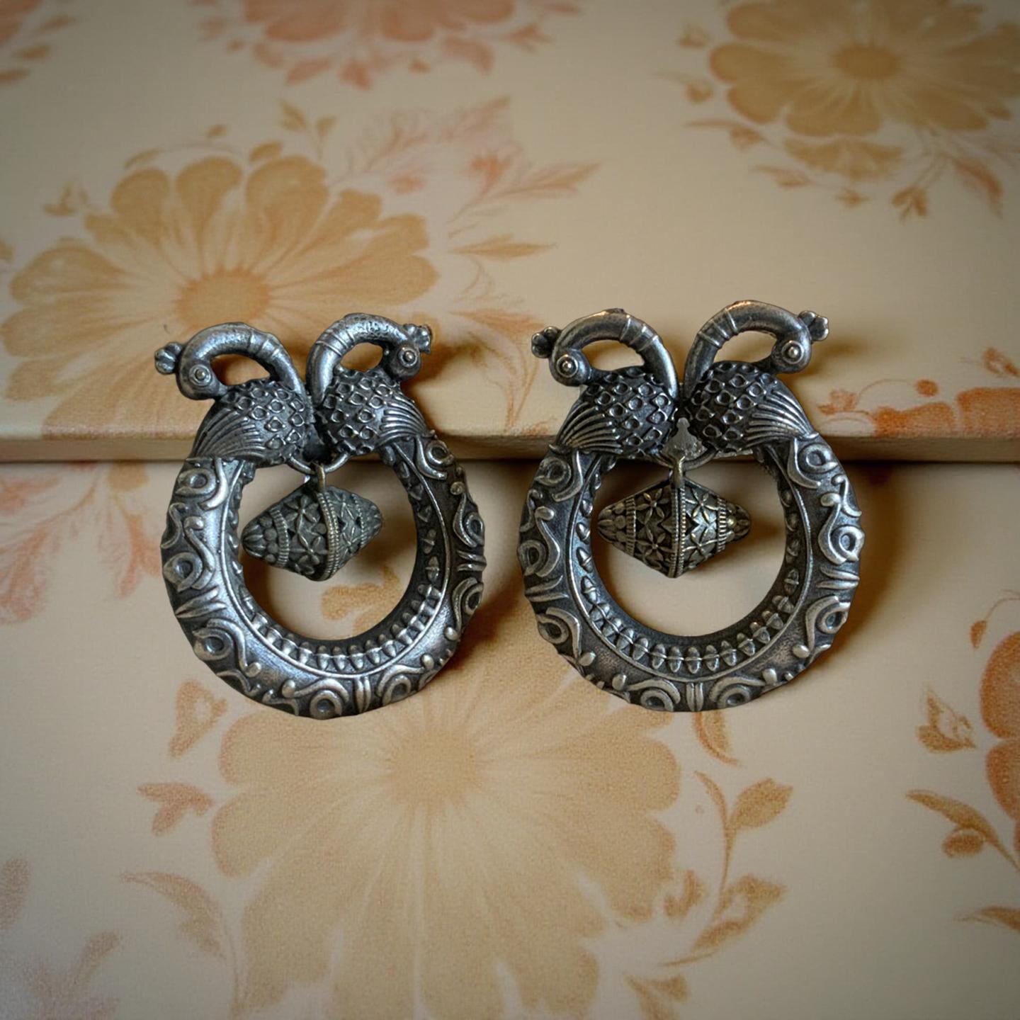 Oxidized Silver Peacock Earrings: Ornate Dual Tone Drop Earrings