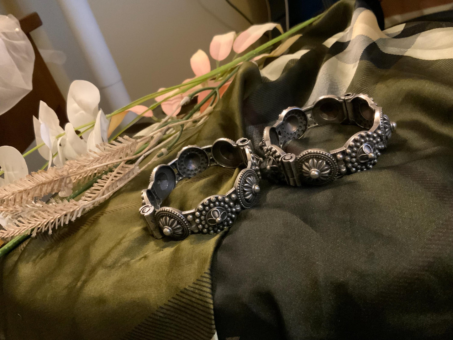 Oxidized Black Floral Kada Bangle: Openable Indian Ethnic Jewelry