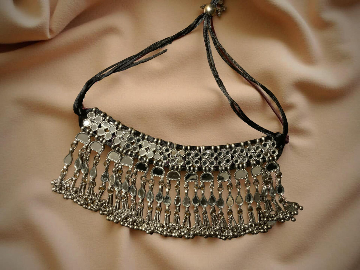 Boho Silver Choker Necklace – Oxidized Dangling Charms & Tassels