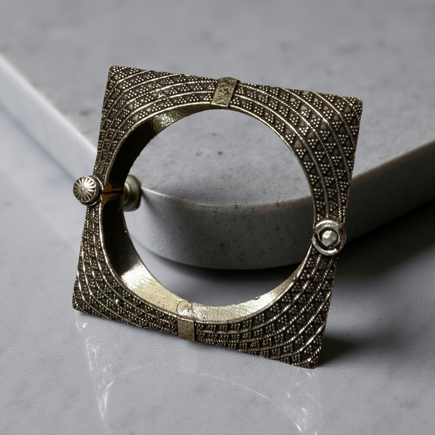Oxidized Silver Look Square Bangle | Adjustable Tribal Bracelet