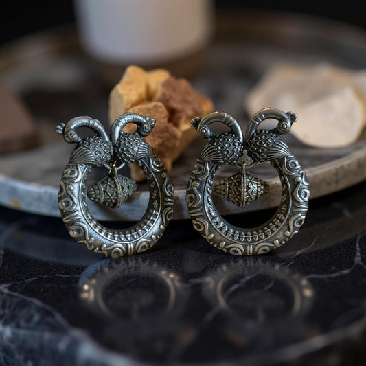 Oxidized Silver Peacock Earrings: Ornate Dual Tone Drop Earrings