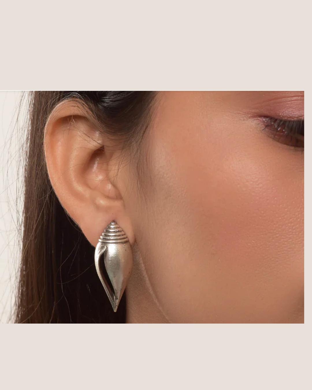 Oxidised Silver Shell Stud Earrings | Handmade Boho Minimalist Jewelry