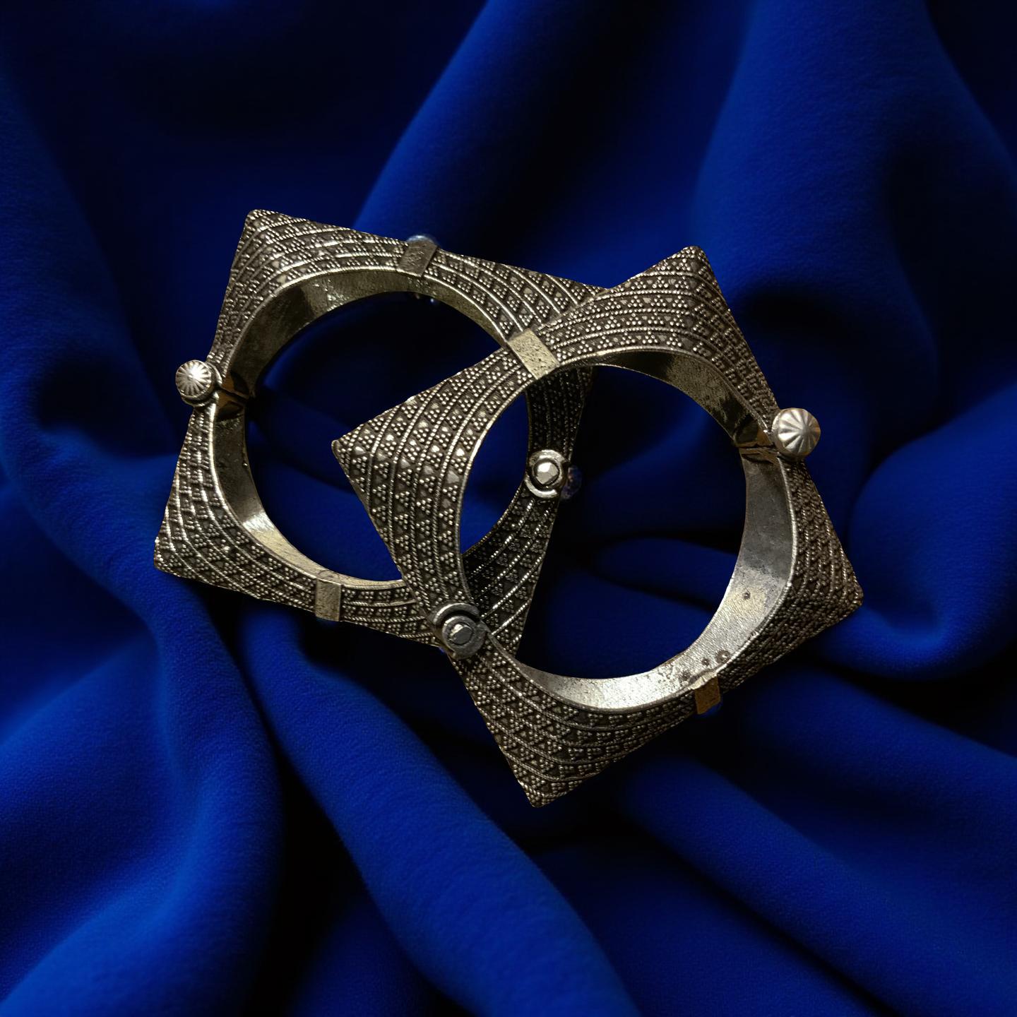 Oxidized Silver Look Square Bangle | Adjustable Tribal Bracelet