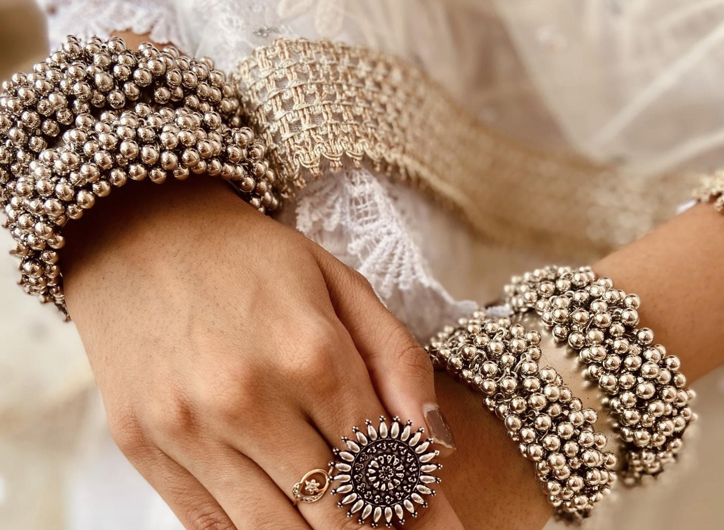 Oxidized German Silver  Ghunroo Kadas| Wide Bracelet