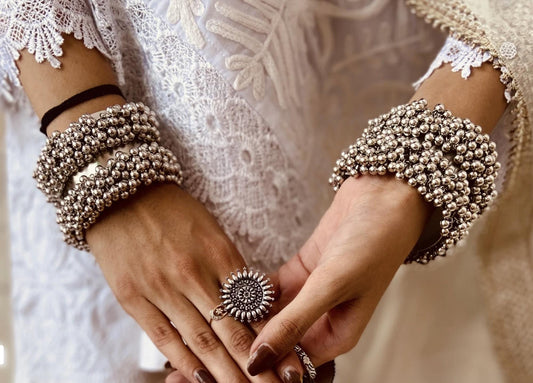 Oxidized German Silver  Ghunroo Kadas| Wide Bracelet