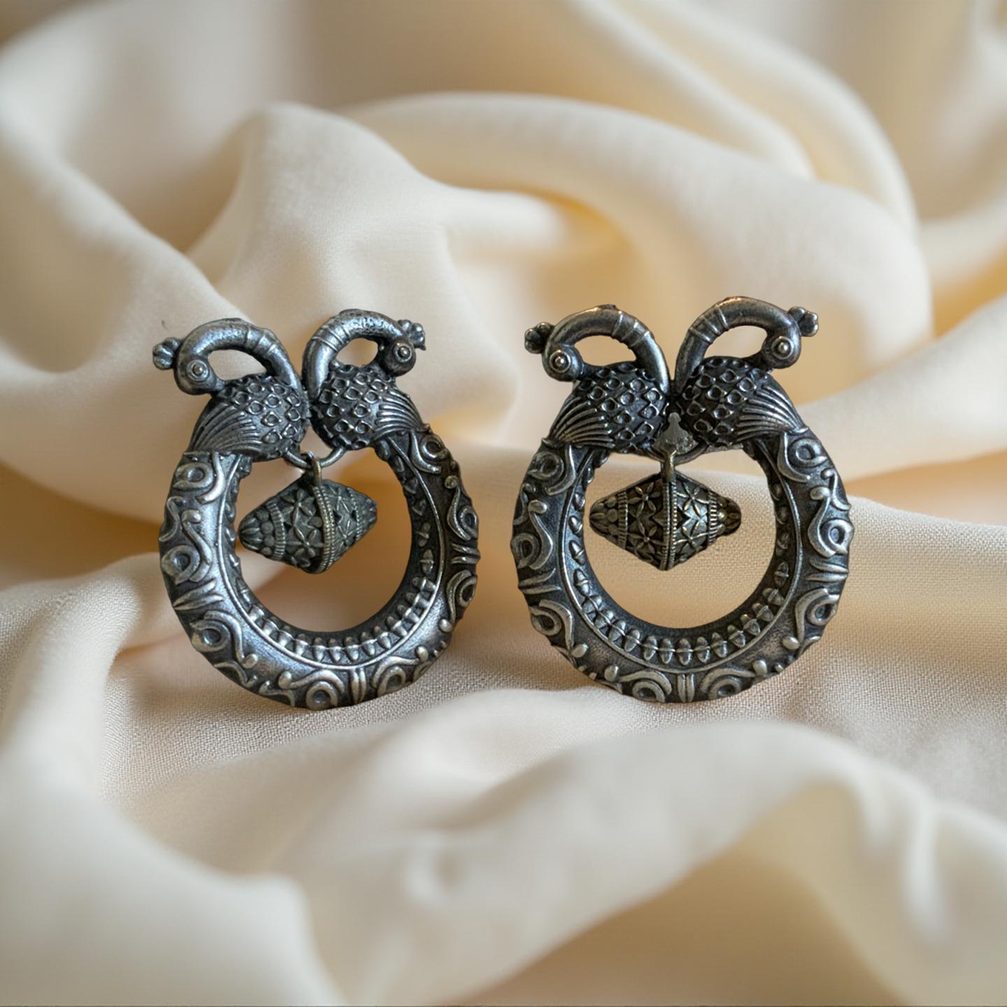 Oxidized Silver Peacock Earrings: Ornate Dual Tone Drop Earrings