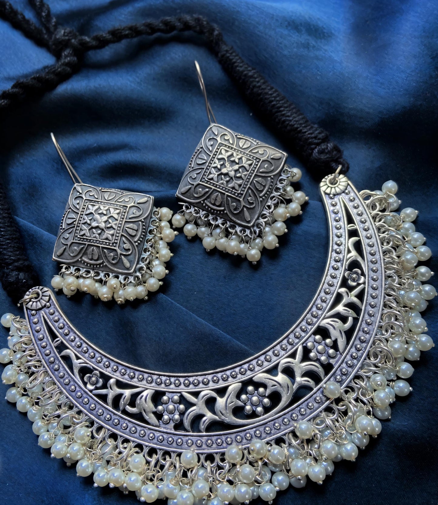 Handmade Pearl Choker Necklace Set – Vintage Silver Ethnic Jewelry