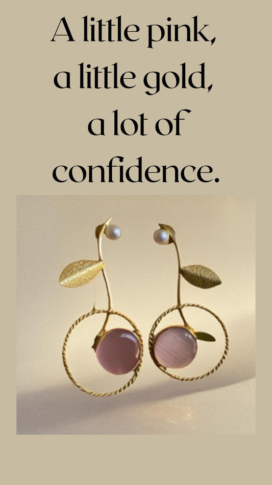 Gold Pearl & Pink Stone Statement Earrings – Romantic Artisan Jewelry