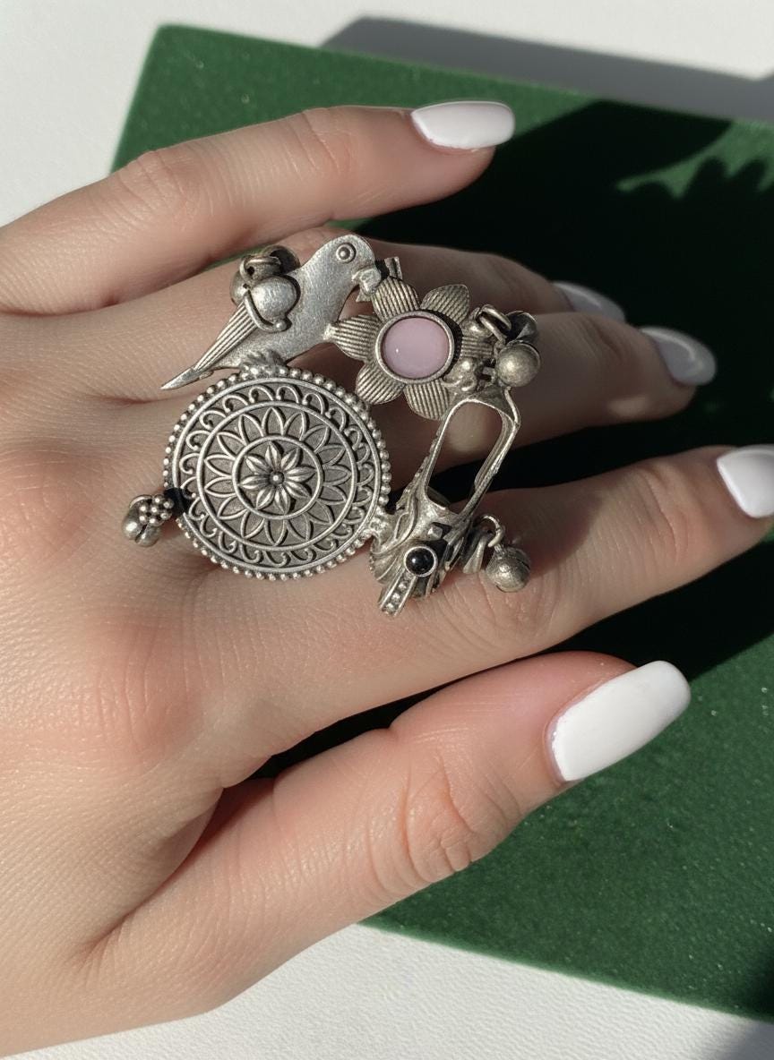Oxidized German Silver Adjustable Ring: Handmade Boho Tribal Jewelry