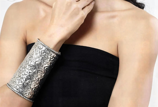 Oxidized Silver Cuff Bracelet, Elongated Bohemian Jewelry