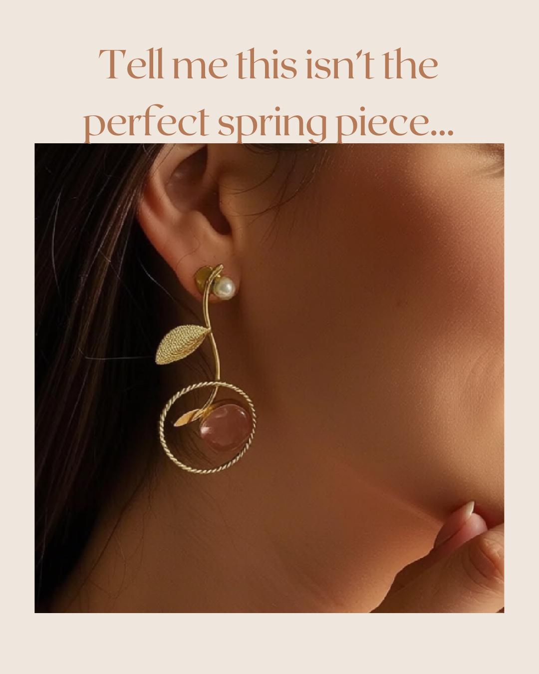 Gold Pearl & Pink Stone Statement Earrings – Romantic Artisan Jewelry