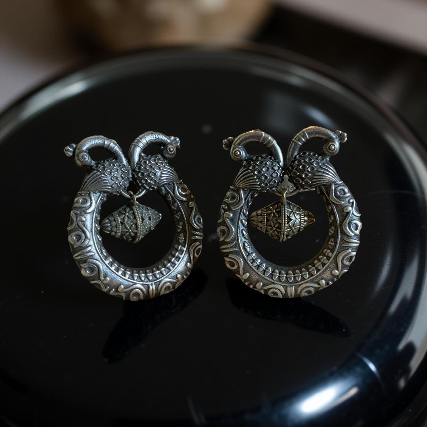 Oxidized Silver Peacock Earrings: Ornate Dual Tone Drop Earrings