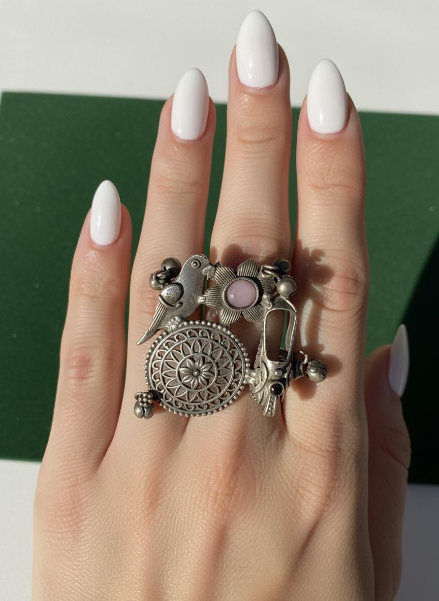 Oxidized German Silver Adjustable Ring: Handmade Boho Tribal Jewelry