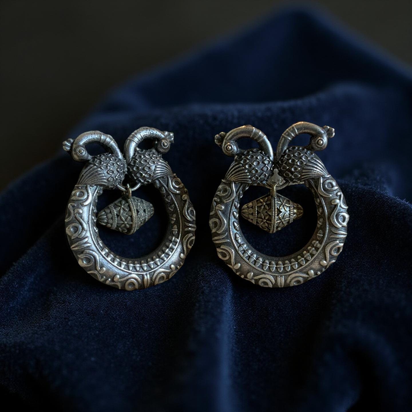 Oxidized Silver Peacock Earrings: Ornate Dual Tone Drop Earrings