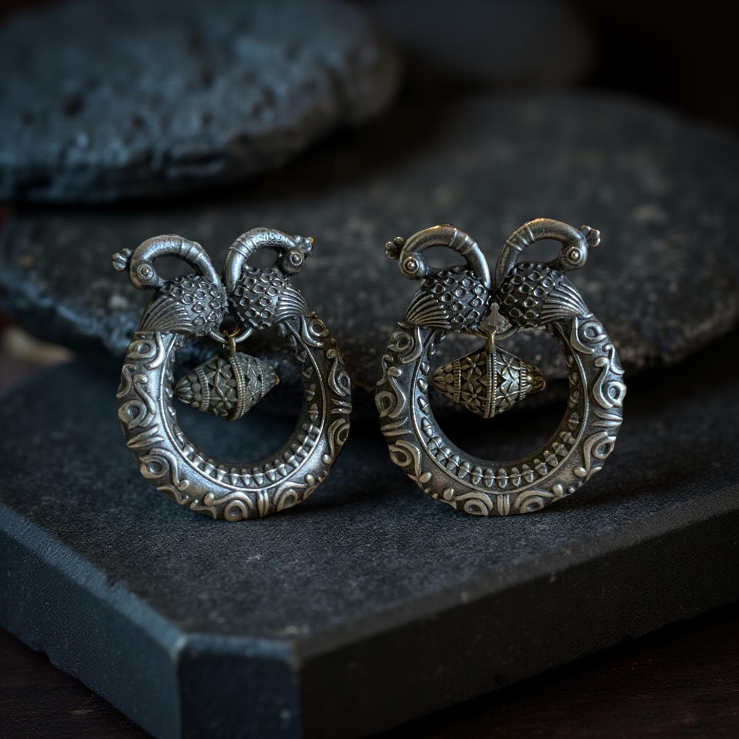 Oxidized Silver Peacock Earrings: Ornate Dual Tone Drop Earrings