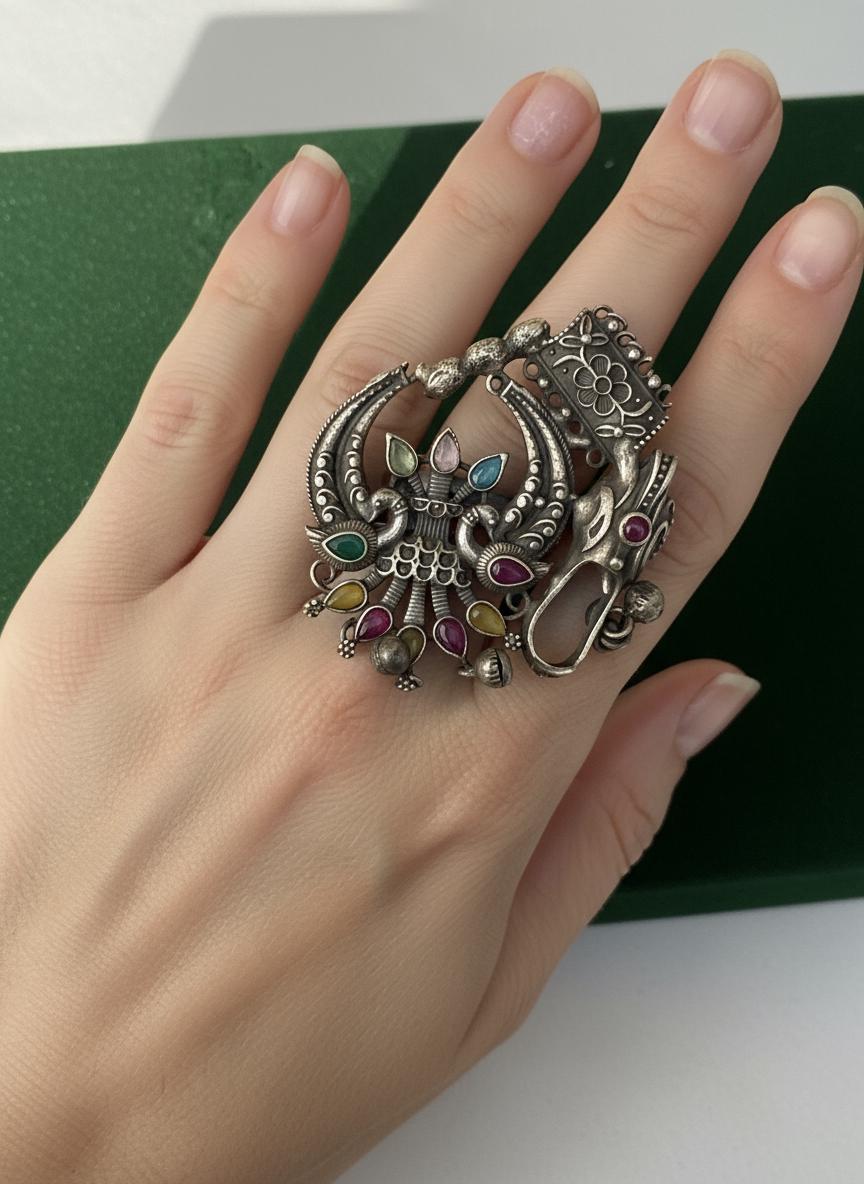 Oxidized German Silver Adjustable Ring: Handmade Boho Tribal Jewelry