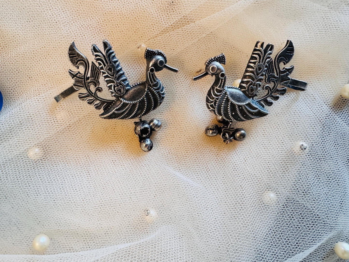 Ornate Silver Peacock Ear Cuff Earrings: Ethnic Jewelry