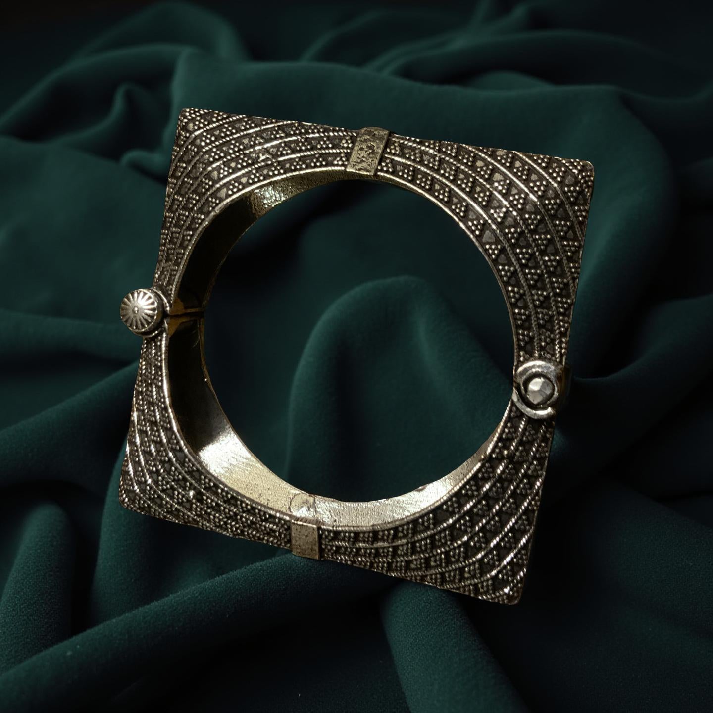 Oxidized Silver Look Square Bangle | Adjustable Tribal Bracelet