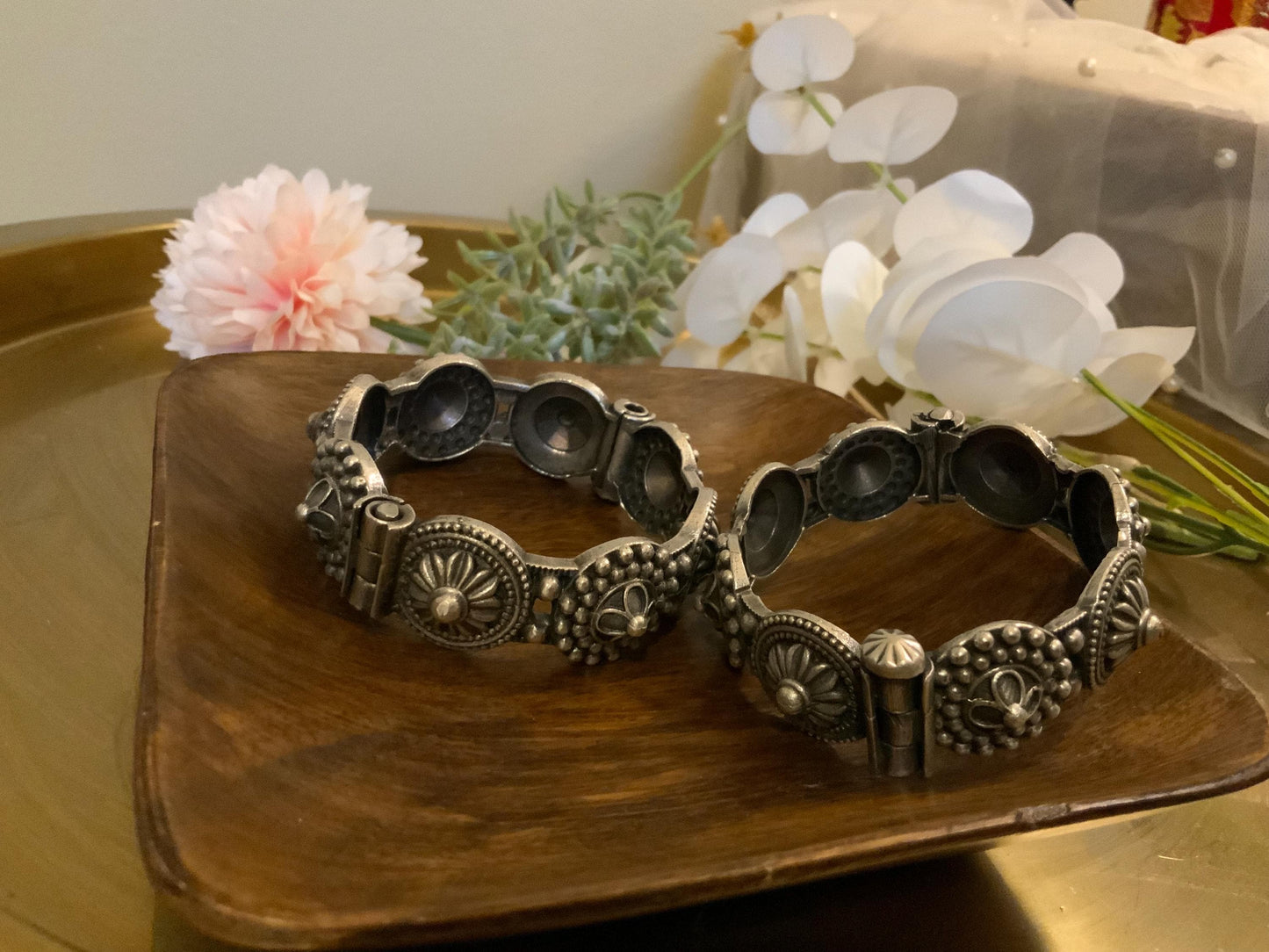 Oxidized Black Floral Kada Bangle: Openable Indian Ethnic Jewelry