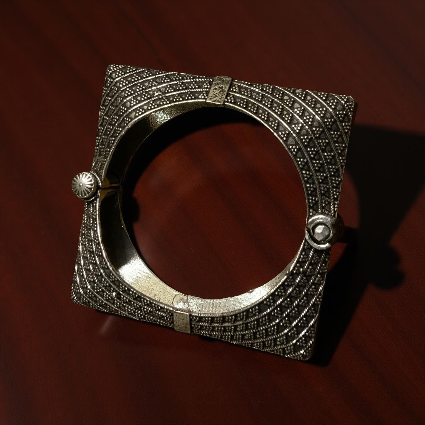 Oxidized Silver Look Square Bangle | Adjustable Tribal Bracelet