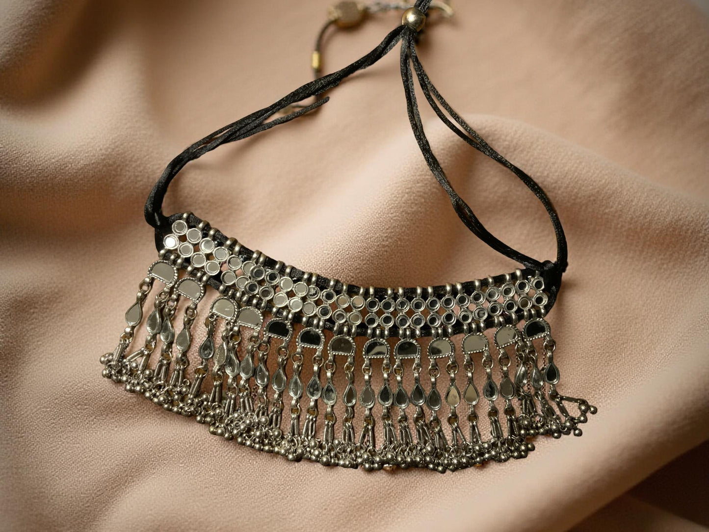 Boho Silver Choker Necklace – Oxidized Dangling Charms & Tassels