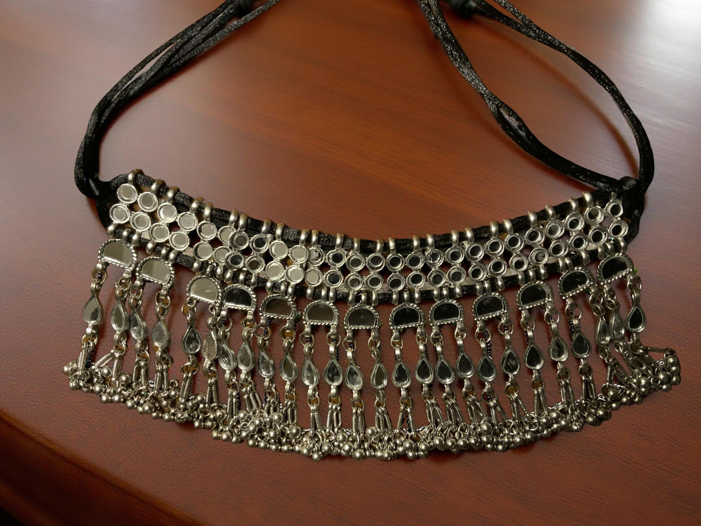 Boho Silver Choker Necklace – Oxidized Dangling Charms & Tassels