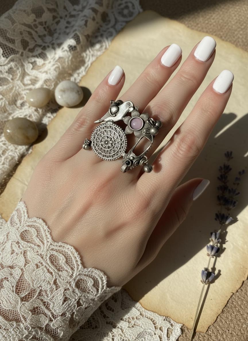 Oxidized German Silver Adjustable Ring: Handmade Boho Tribal Jewelry