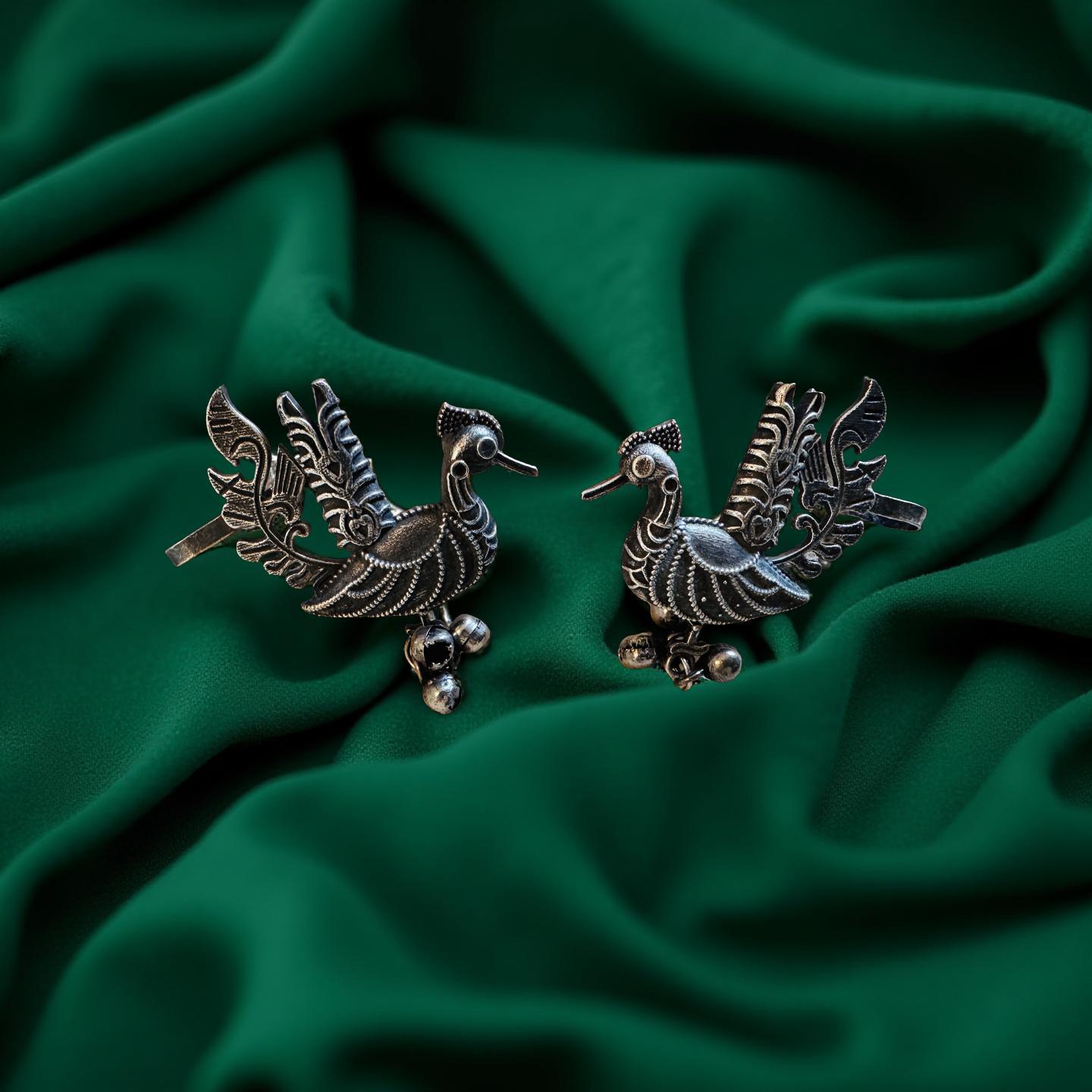 Ornate Silver Peacock Ear Cuff Earrings: Ethnic Jewelry