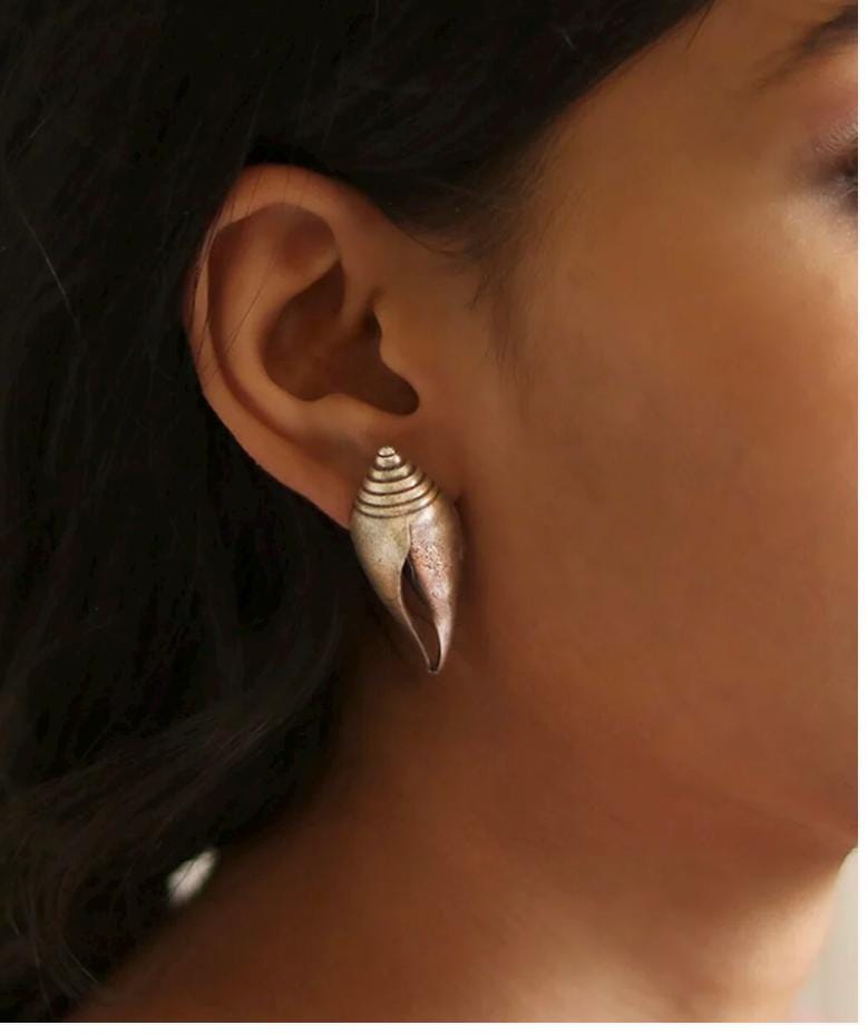 Oxidised Silver Shell Stud Earrings | Handmade Boho Minimalist Jewelry
