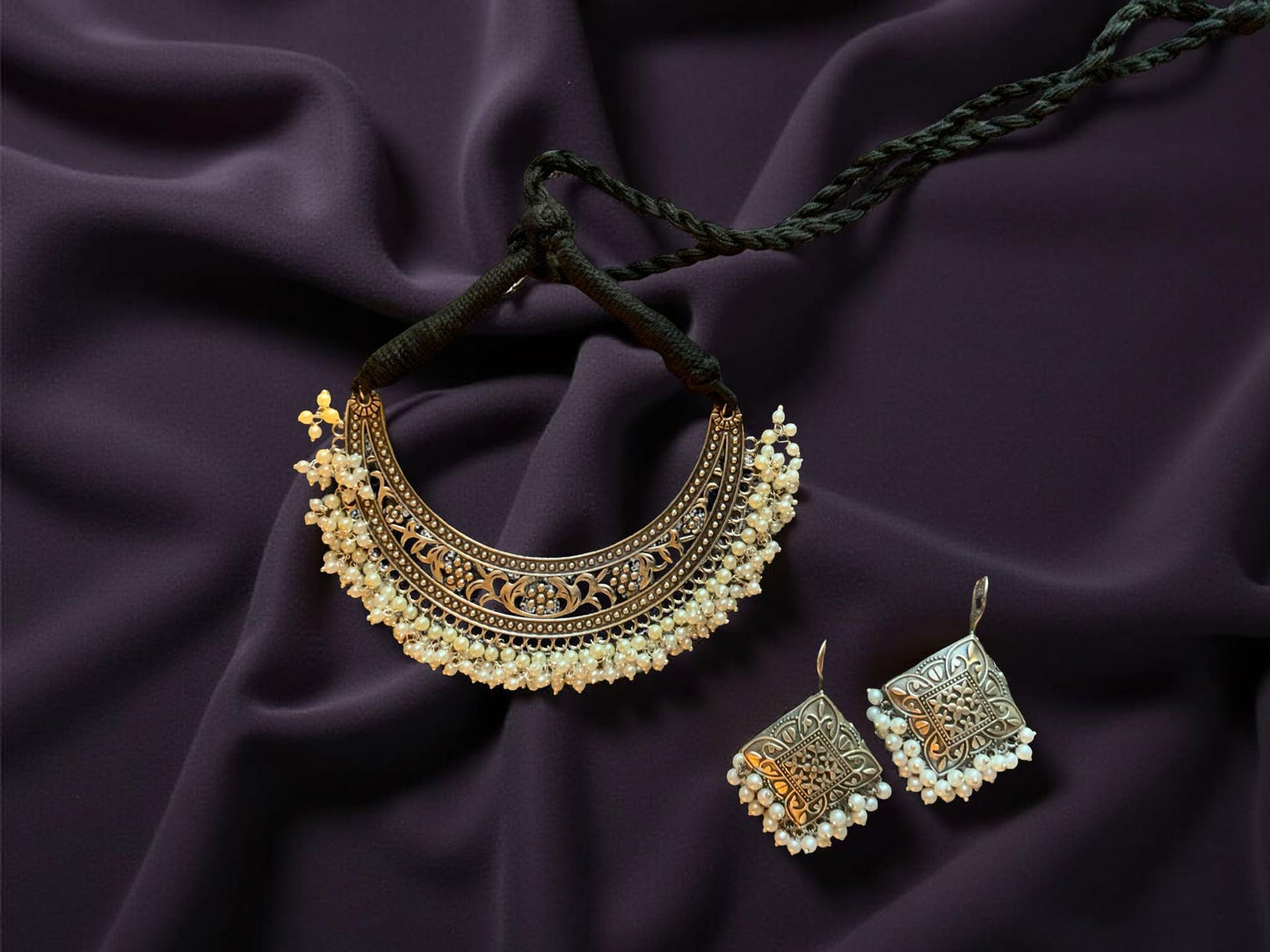 Handmade Pearl Choker Necklace Set – Vintage Silver Ethnic Jewelry