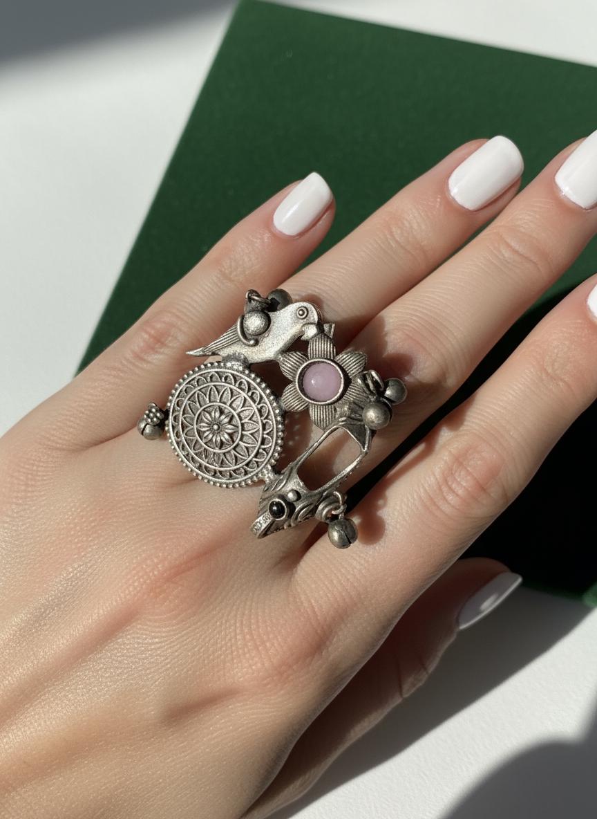 Oxidized German Silver Adjustable Ring: Handmade Boho Tribal Jewelry
