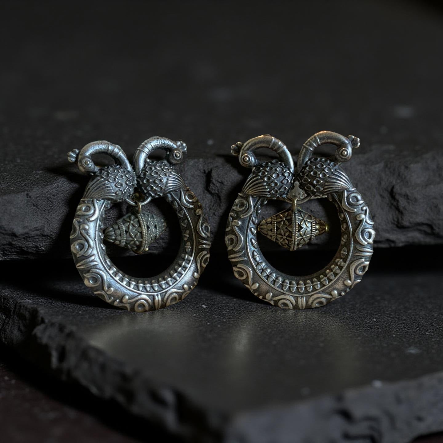 Oxidized Silver Peacock Earrings: Ornate Dual Tone Drop Earrings