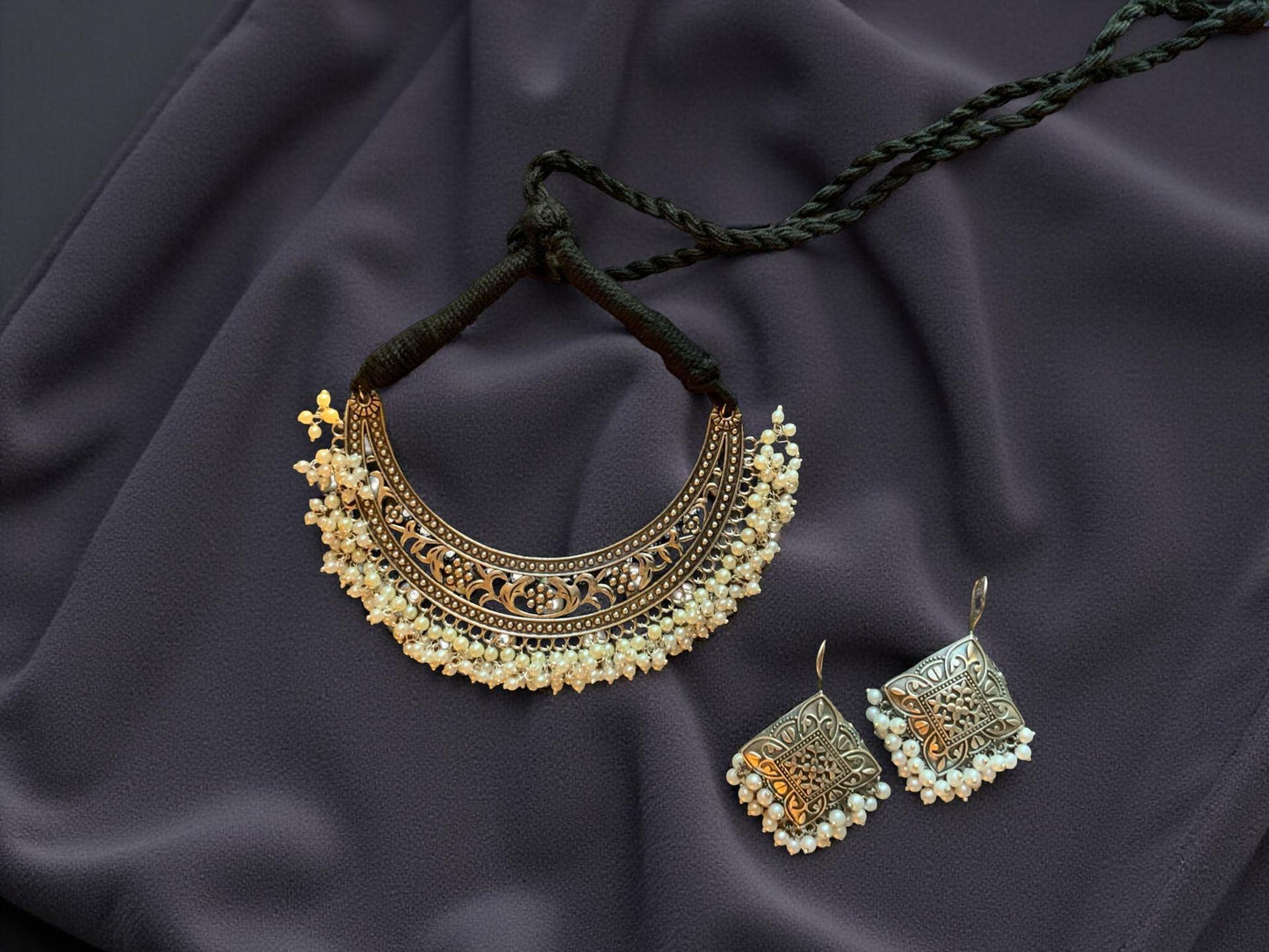Handmade Pearl Choker Necklace Set – Vintage Silver Ethnic Jewelry