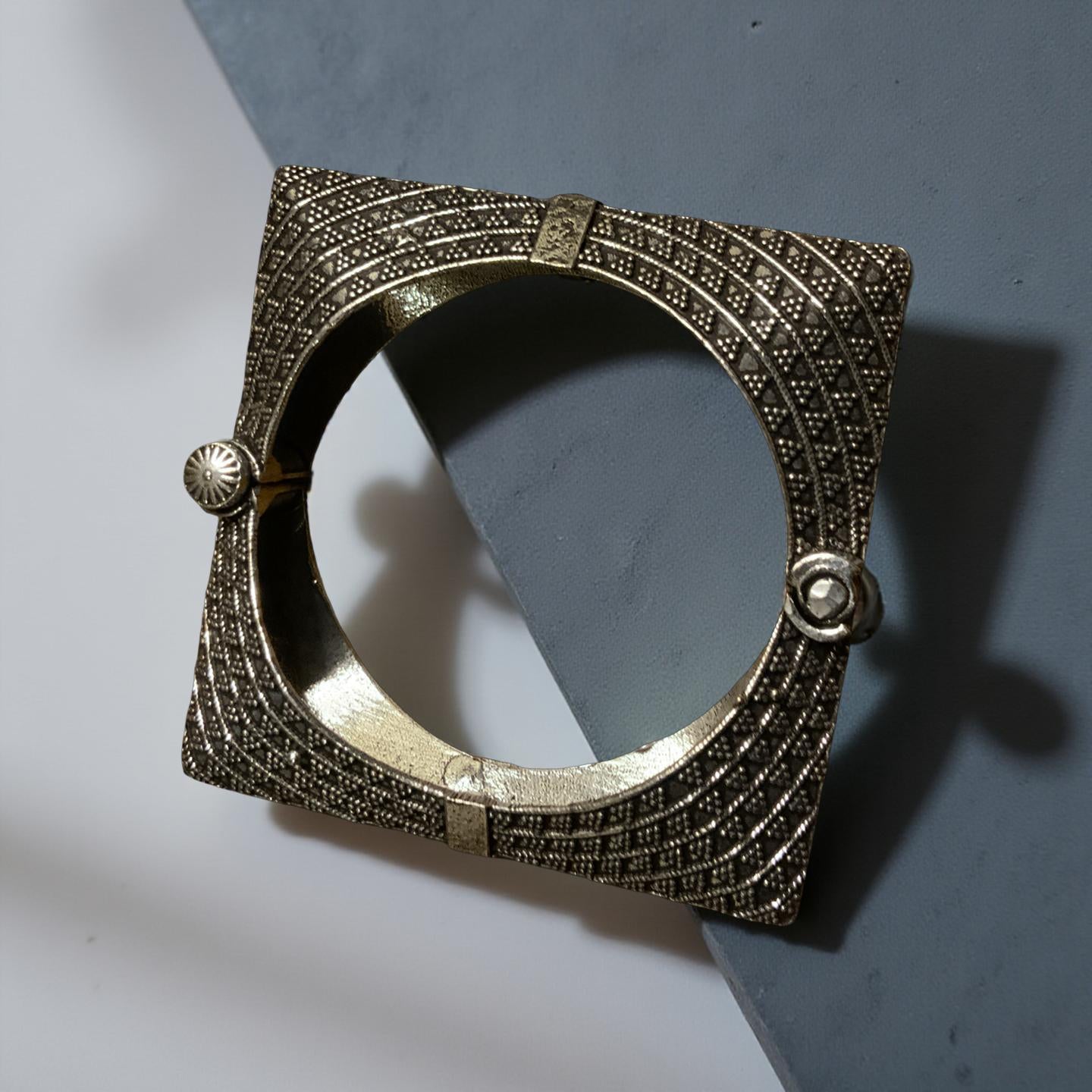 Oxidized Silver Look Square Bangle | Adjustable Tribal Bracelet
