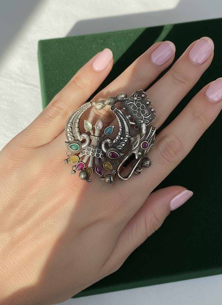 Oxidized German Silver Adjustable Ring: Handmade Boho Tribal Jewelry