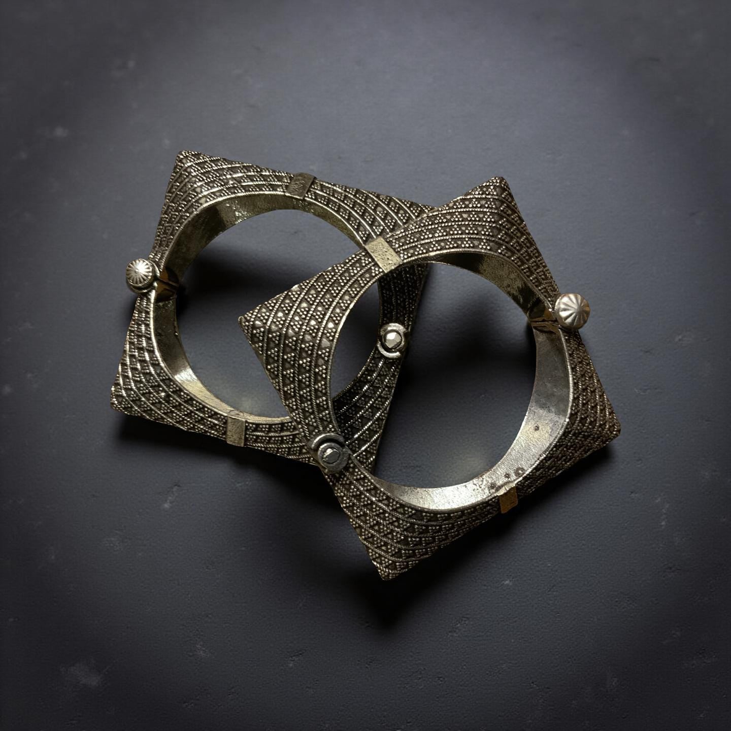 Oxidized Silver Look Square Bangle | Adjustable Tribal Bracelet