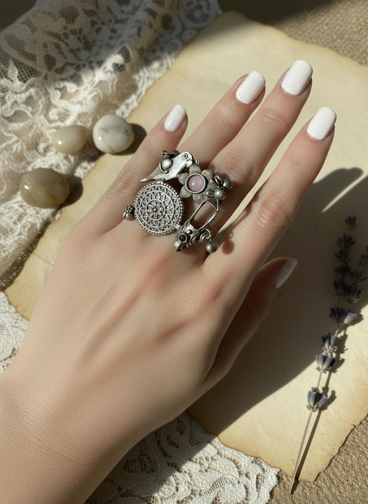 Oxidized German Silver Adjustable Ring: Handmade Boho Tribal Jewelry