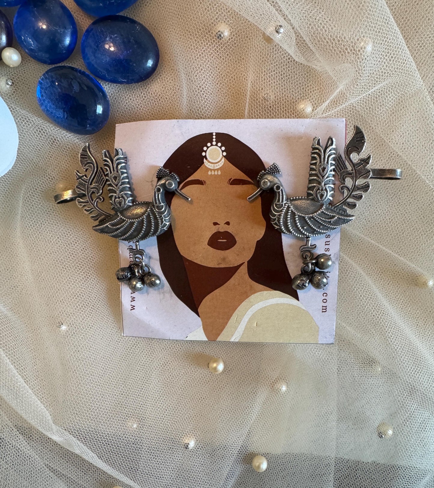 Ornate Silver Peacock Ear Cuff Earrings: Ethnic Jewelry
