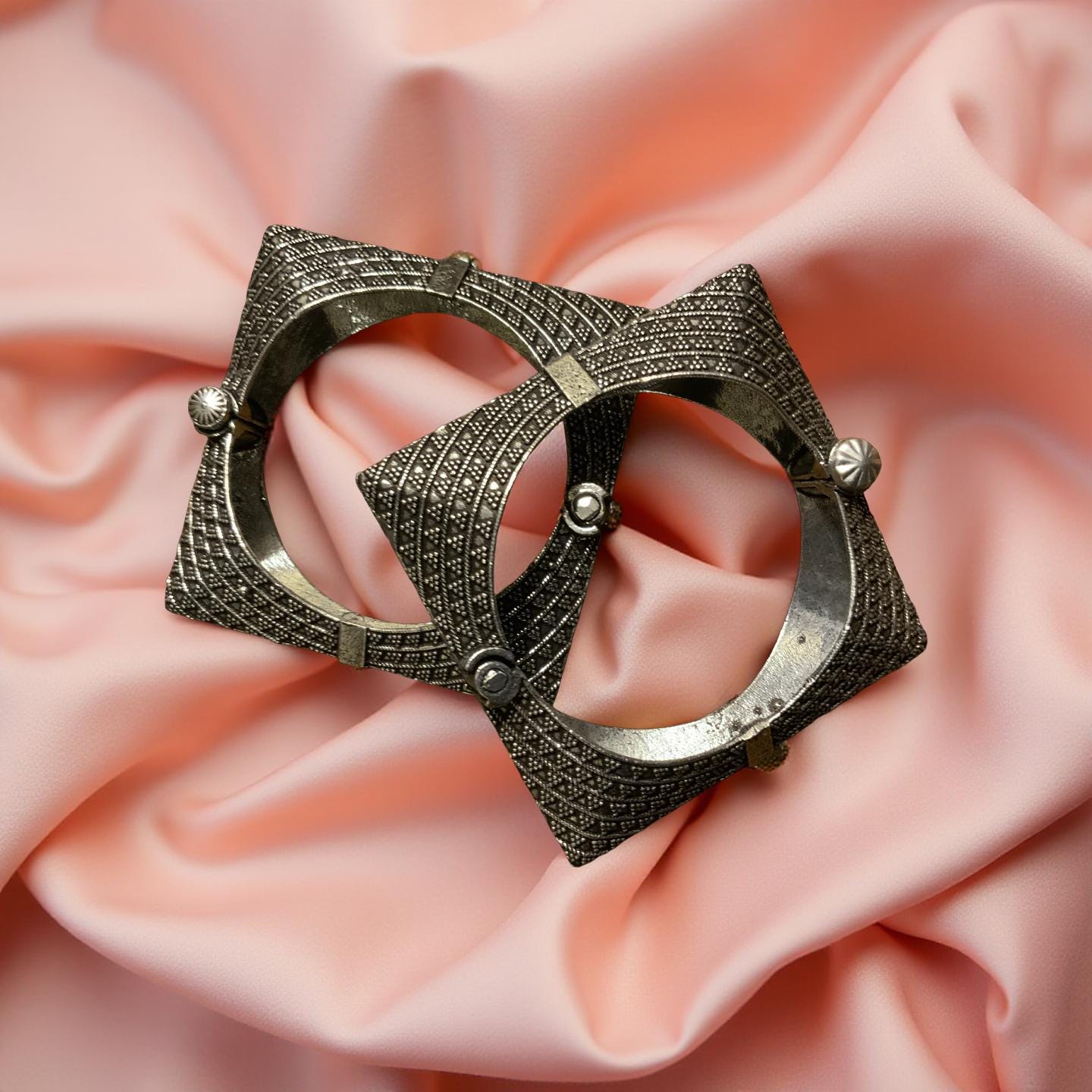 Oxidized Silver Look Square Bangle | Adjustable Tribal Bracelet
