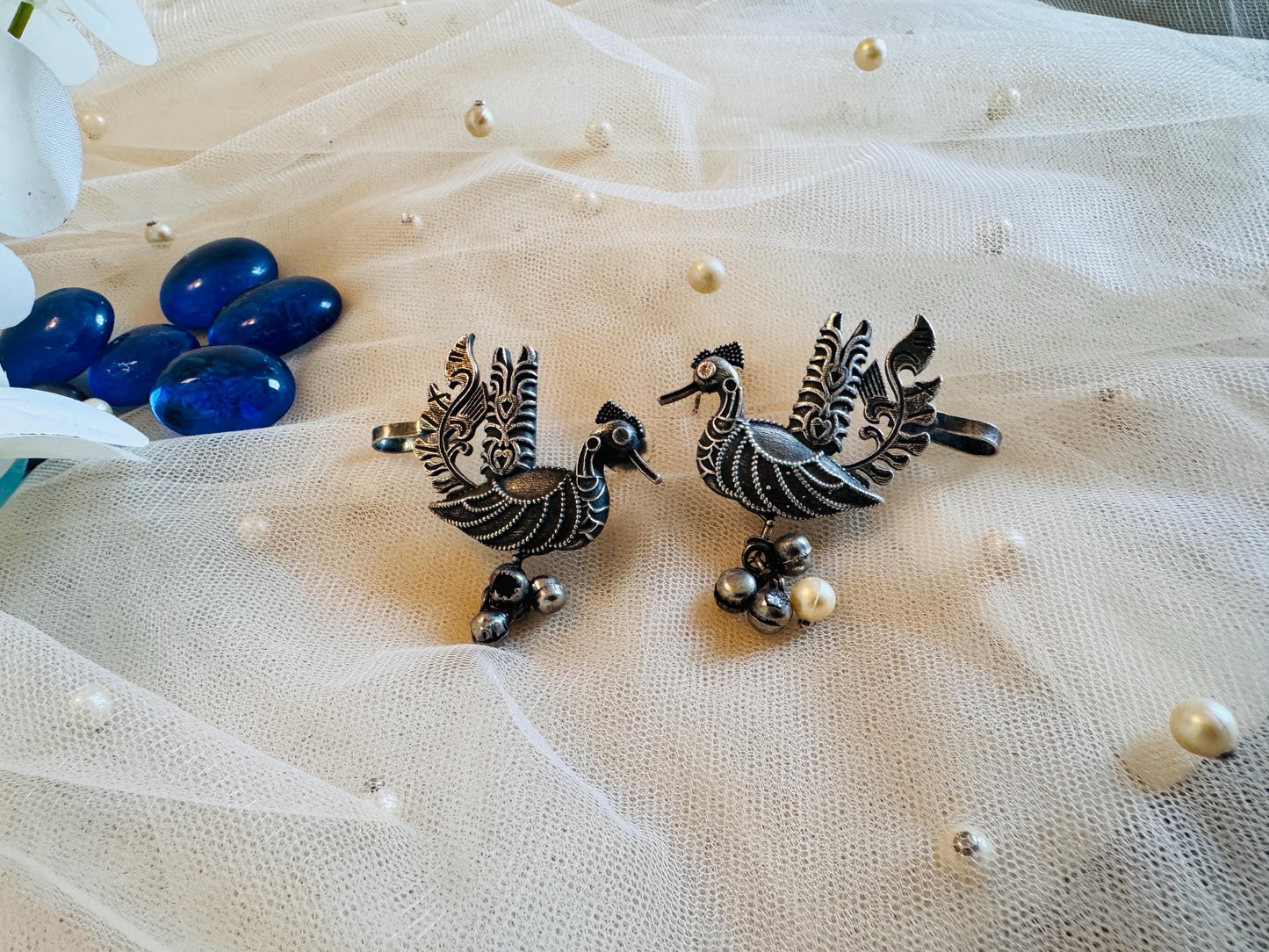 Ornate Silver Peacock Ear Cuff Earrings: Ethnic Jewelry