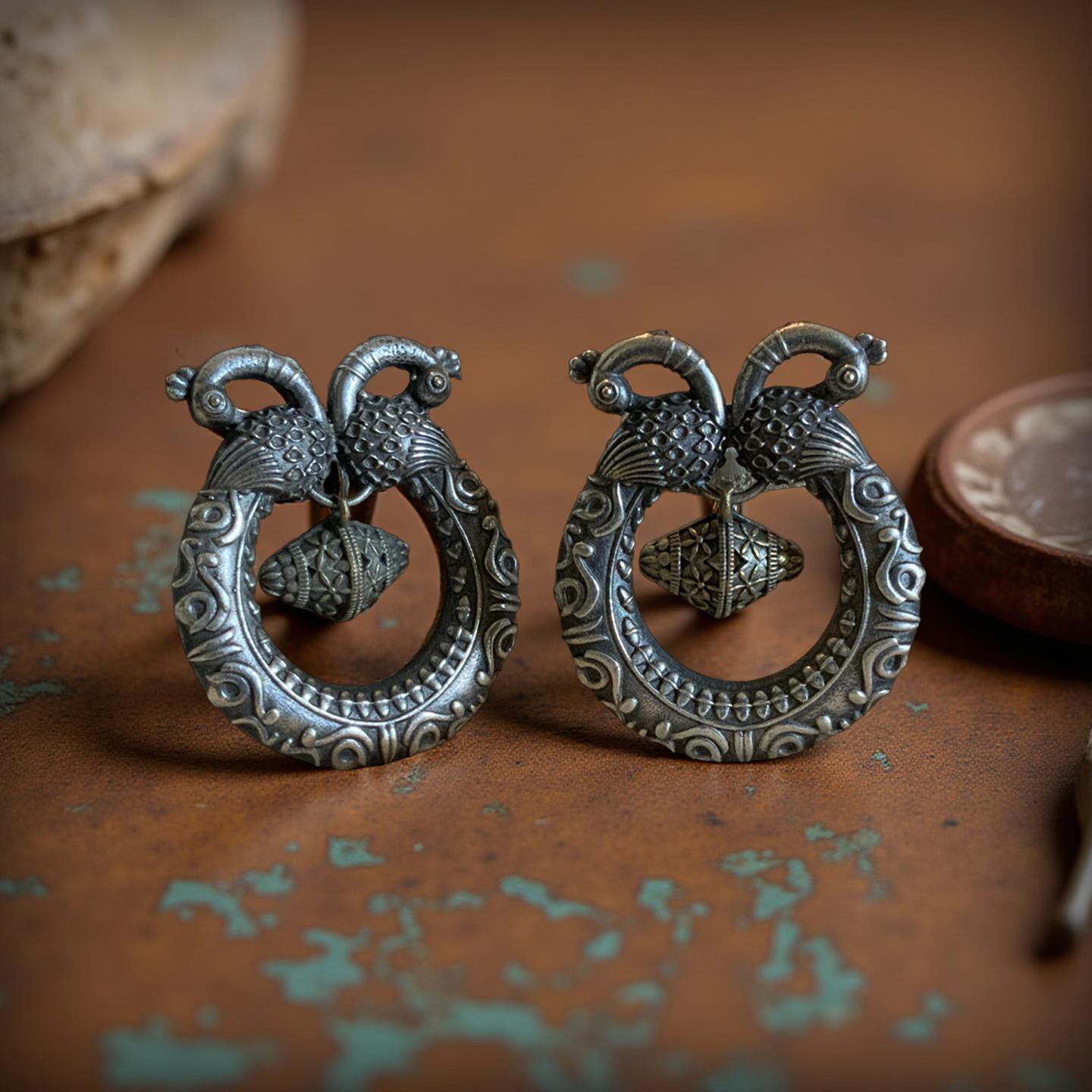 Oxidized Silver Peacock Earrings: Ornate Dual Tone Drop Earrings