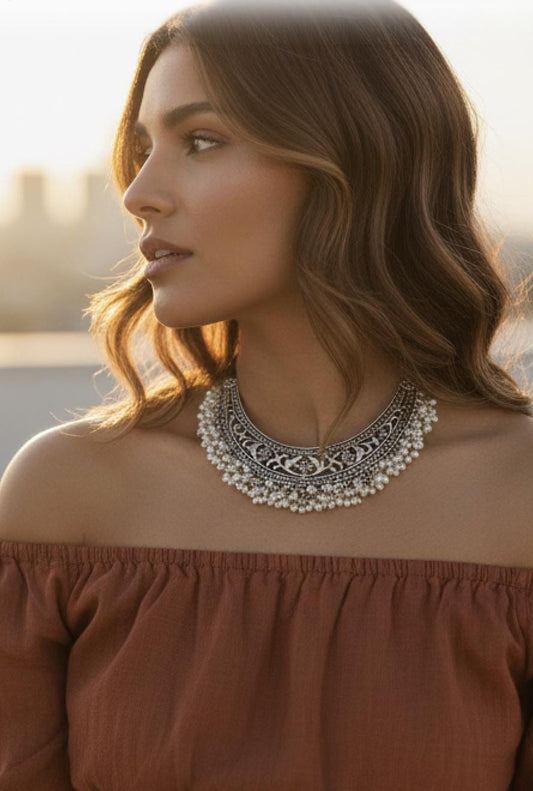 Handmade Pearl Choker Necklace Set – Vintage Silver Ethnic Jewelry