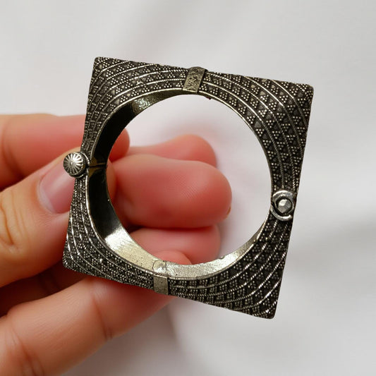 Oxidized Silver Look Square Bangle | Adjustable Tribal Bracelet